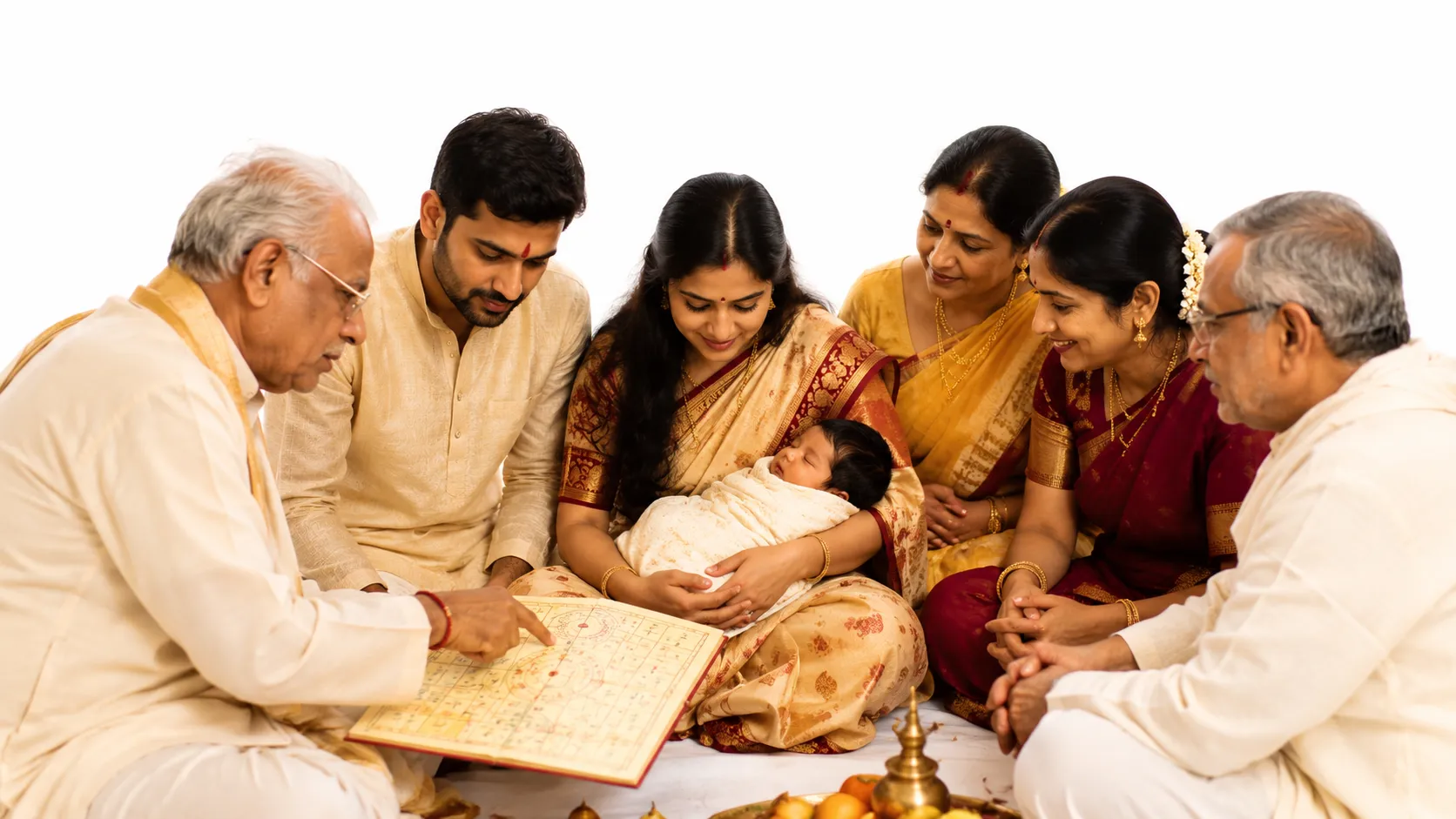 A Hindu family gathered around a baby during a naming ceremony, with flowers and a lamp nearby