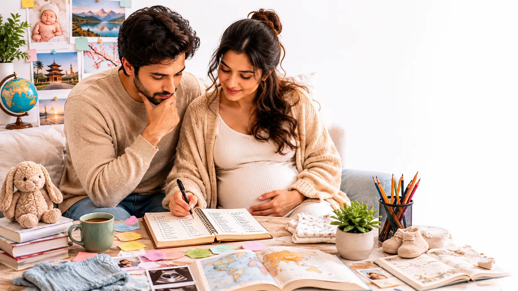Open notebook with baby name ideas written across the pages, surrounded by books and a cup of tea