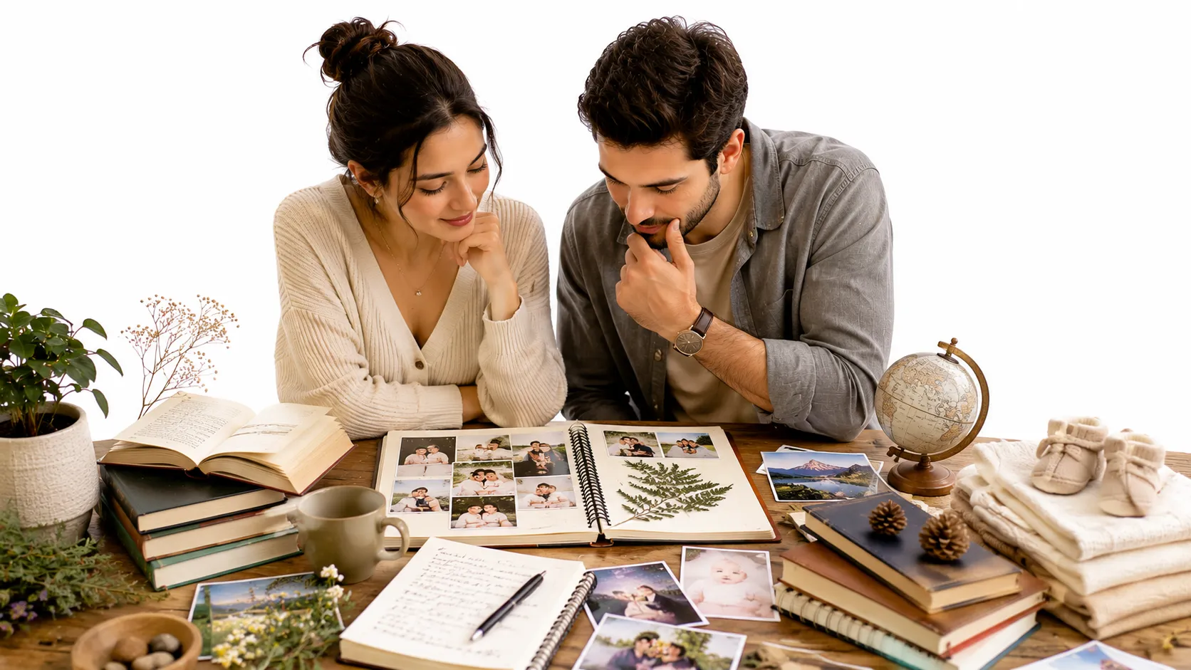 Parent scrolling through a phone with a notebook open beside them, searching for baby names