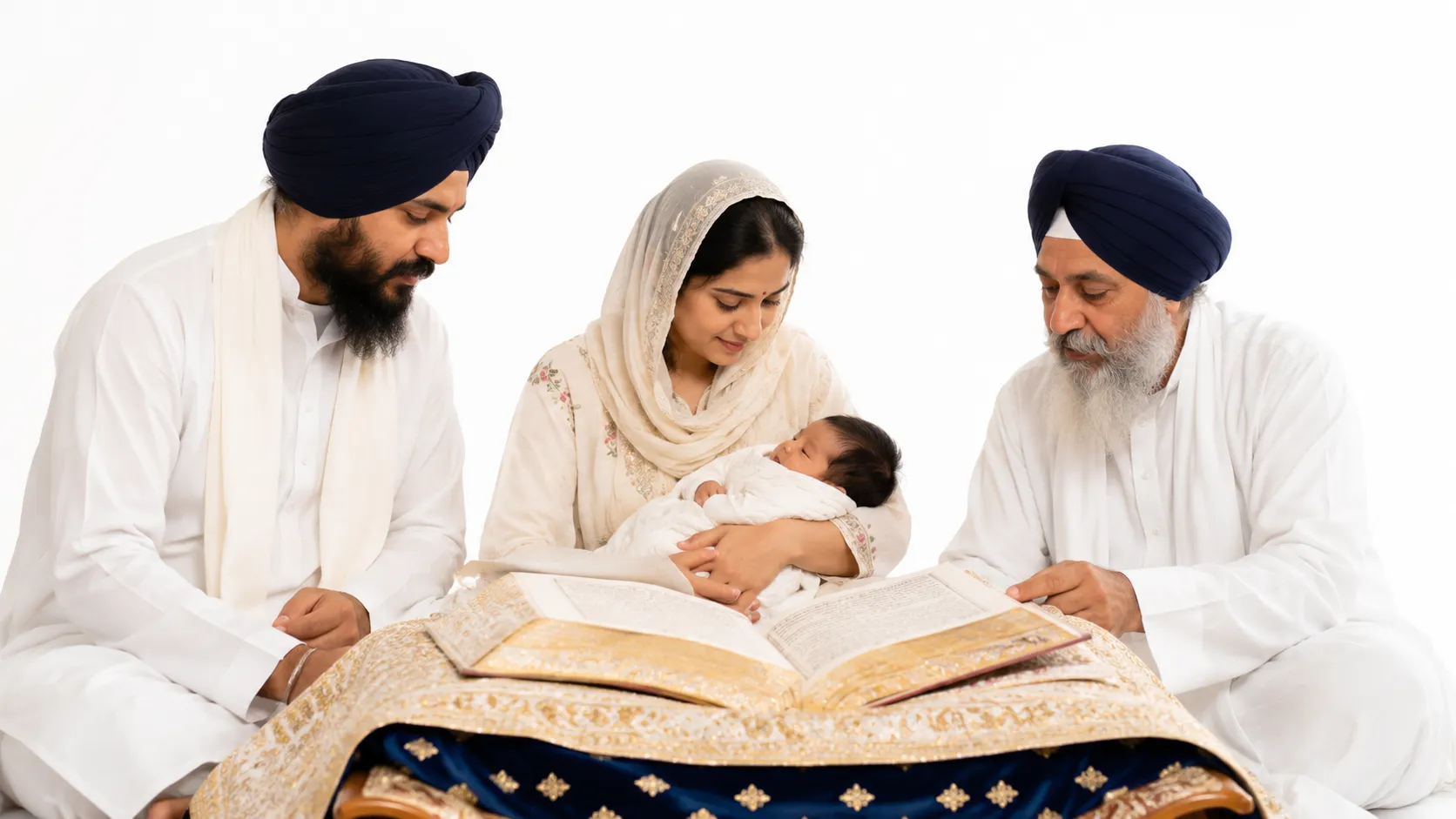 The Guru Granth Sahib open on a cushioned stand inside a Gurdwara, with soft golden light