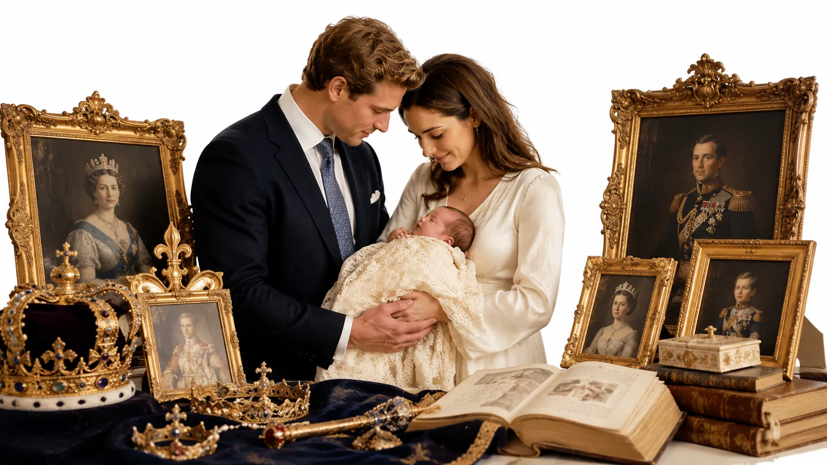 A formal portrait photograph with royal regalia and a ornate frame, representing British royal tradition