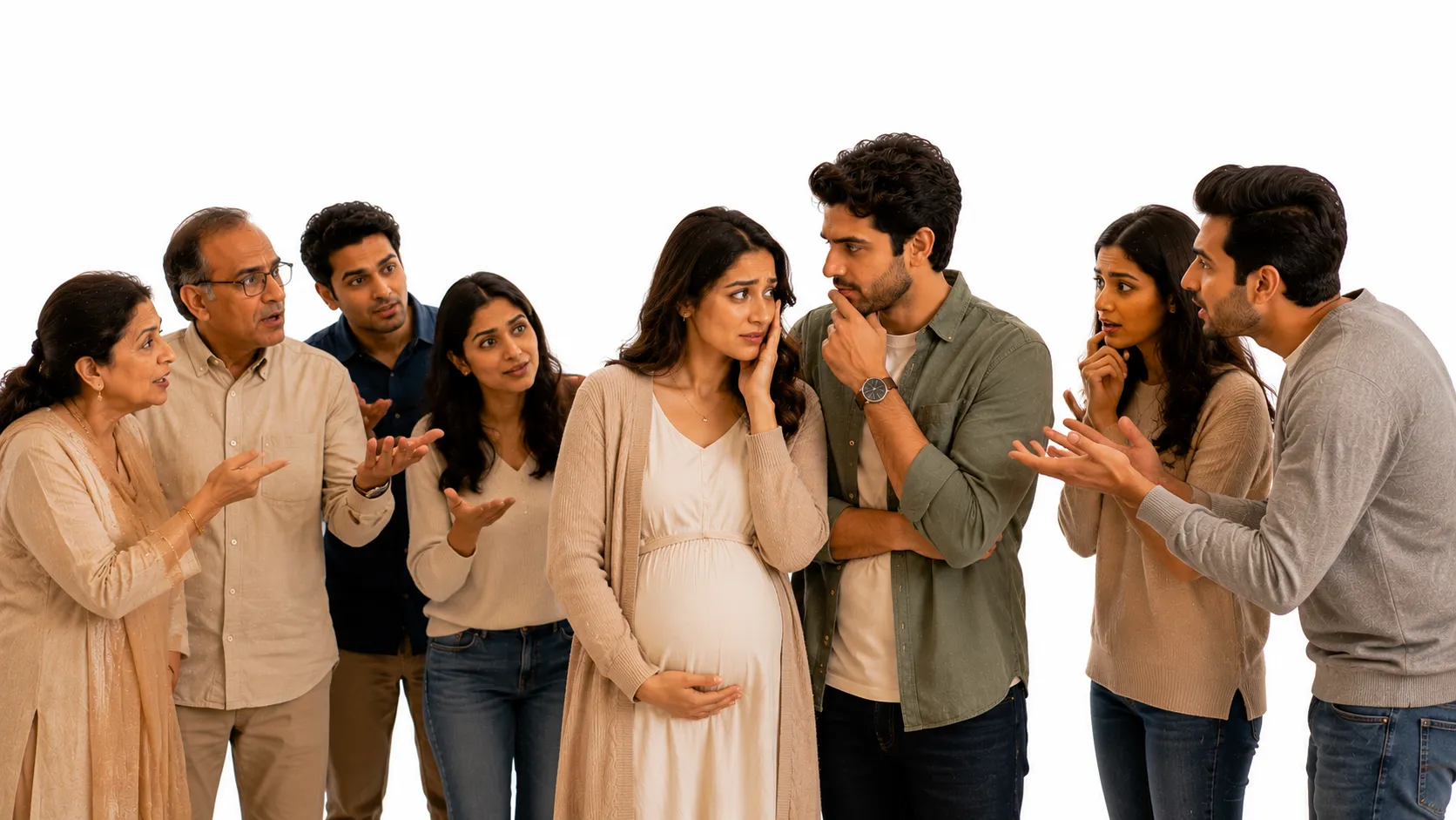Expectant parent shaking their head gently with a calm smile when asked about the baby name