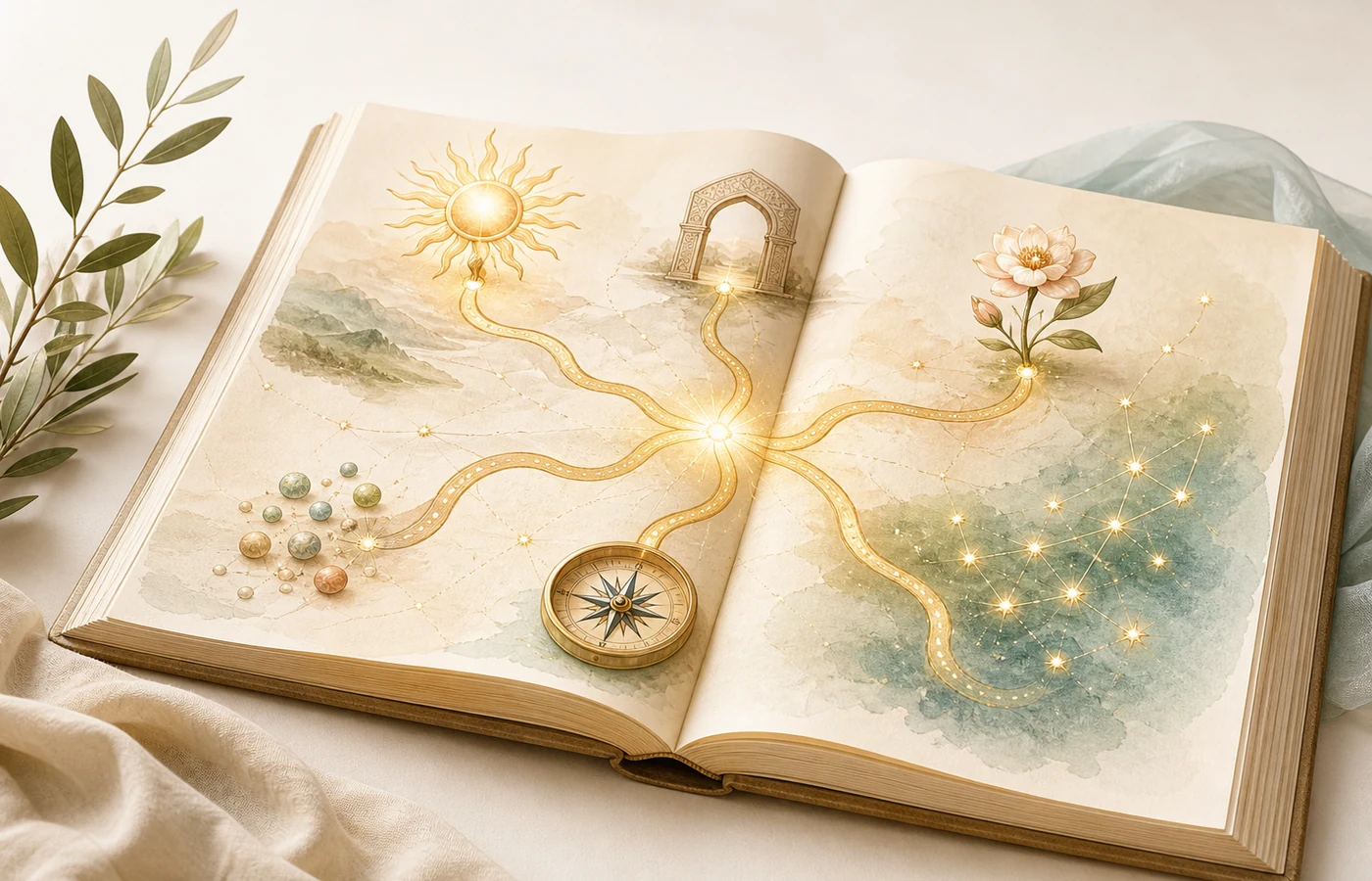Editorial illustration of an open discovery atlas with branching paths, a compass, flowers, and symbolic light